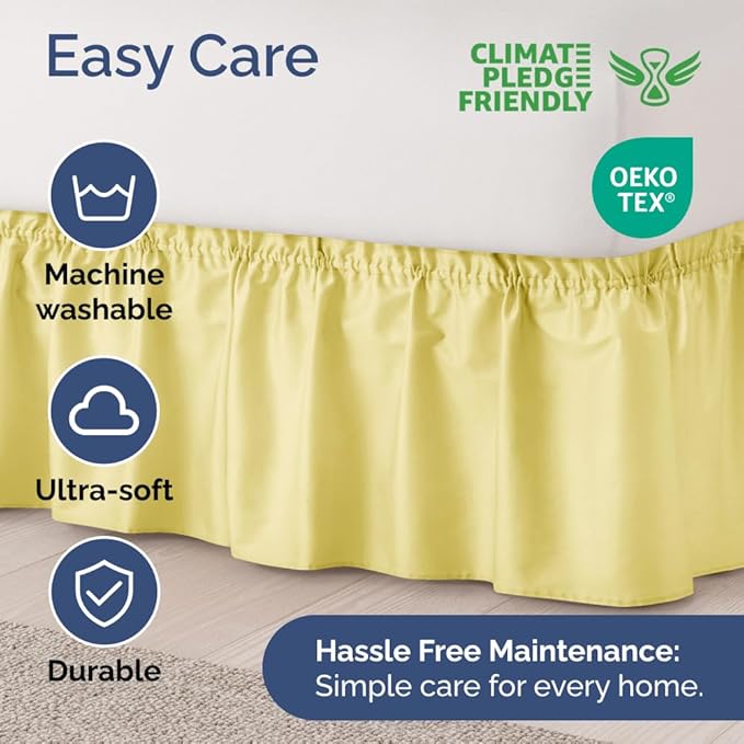 Wrap Around Dust Ruffle Bed Skirt - Yellow - for King Size Beds with 21 Inch Drop - Easy Fit Elastic Strap - Adjustable Pleated Bedskirt w/Brushed Fabric - Wrinkle Free - for Women, Men, Kids & Teens