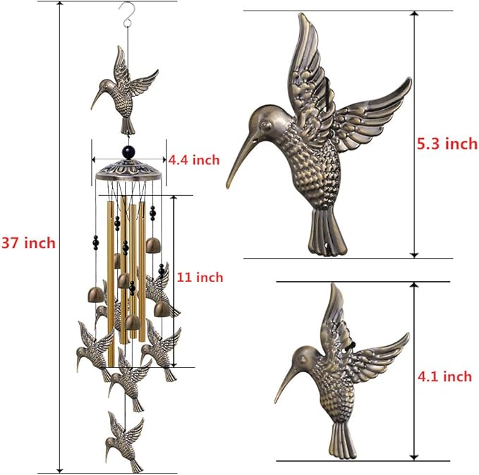 Large Hummingbird Wind Chimes Outdoor Indoor Decor -With 4 Tubes 6 Bells 7 Hummingbirds, Mobile Wind Catcher, Hummingbird Wind Bell for Home, Xmas Mom Gifts, Festival, Balcony, Tree, Garden Decoration