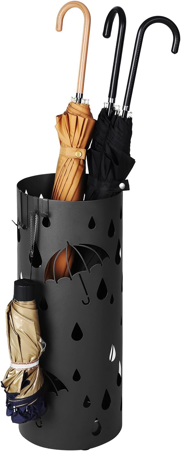 SONGMICS Umbrella Stand, Metal Umbrella Holder for Entryway, with Water Tray and 4 Hooks, 6.7 x 6.7 x 16.1 Inches, Round, Ink Black ULUC024B01