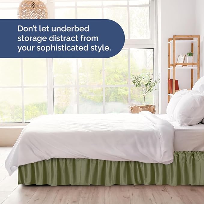 Wrap Around Dust Ruffle Bed Skirt - Sage Green - for King Size Beds with 12 Inch Drop - Elastic Strap - Adjustable Pleated Bedskirt with Brushed Fabric and Wrinkle Free - for Women, Men, Kids & Teens