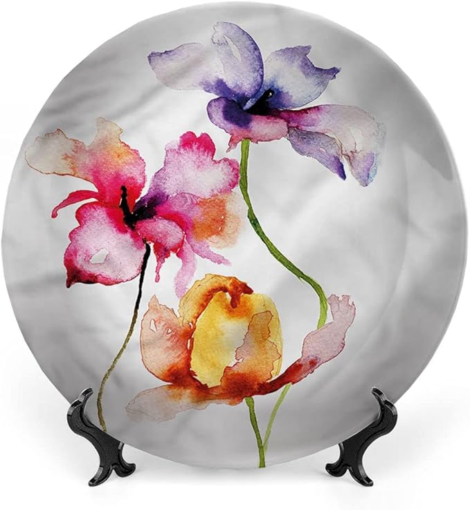 Ceramic Display Plate, Floral Ceramic Hanging Decorative Plate, Vibrant Tones Summer Flowers, 8 Inch, Living Room Kitchen Decoration Household, Multicolor