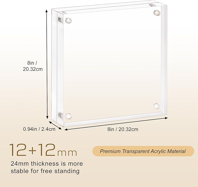 Acrylic Picture Frame 8x8-2 Pack, Clear Double Sided Frameless Photo Frame with Magnetic, Free Standing Desktop Acrylic Frame Display, Lucite Frame with Gift Box Package, 12+12mm Thickness