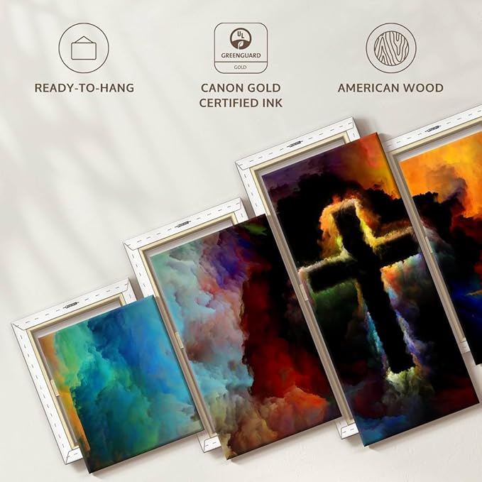 Elephant Stock Colorful Cross Wall Art Multi Piece Canvas - 5 Panel Christian Pictures Decor - Digital Design Canvas Print - Christian Wall Decor - 42" X 19"