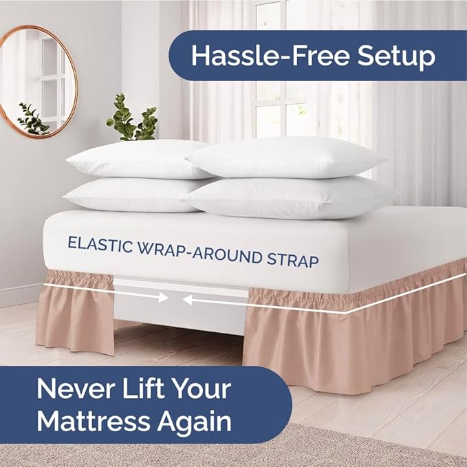 Wrap Around Dust Ruffle Bed Skirt - Mauve - Twin/Twin XL Size Beds w/ 12 Inch Drop - Easy Fit Elastic Strap - Adjustable Pleated Bedskirt w/Brushed Fabric - Wrinkle Free - Women, Men, Kids & Teens