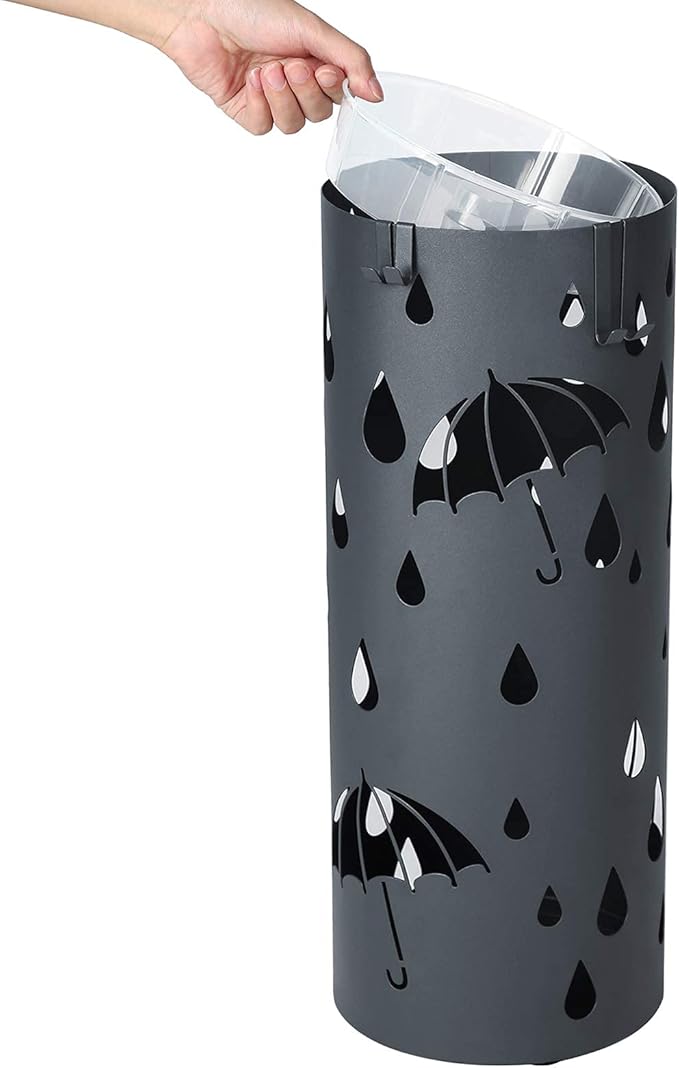 SONGMICS Umbrella Stand, Metal Umbrella Holder for Entryway, with Water Tray and 4 Hooks, 7.7 x 7.7 x 19.3 Inches, Round, Anthracite Gray ULUC23AG