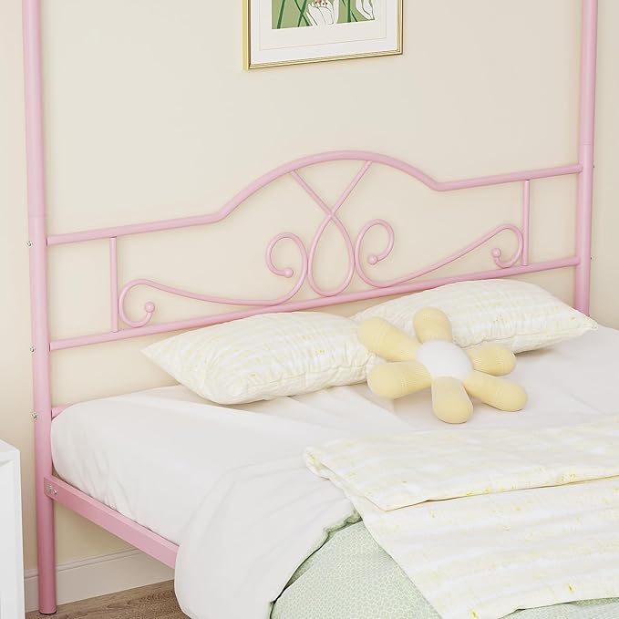 Weehom Full Canopy Bed Frame with Headboard and Footboard, Four-Poster Metal Canopied Platform Bed Mattress Foundation Underbed Storage Space No Box Spring Needed for Girls Adults Pink