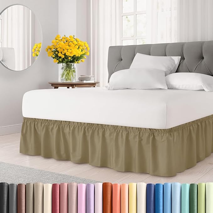 Wrap Around Dust Ruffle Bed Skirt - Khaki - for King Size Beds w/ 12 Inch Drop - Easy Fit Elastic Strap - Adjustable Pleated Bedskirt w/Brushed Fabric - Wrinkle Free - for Women, Men, Kids & Teens