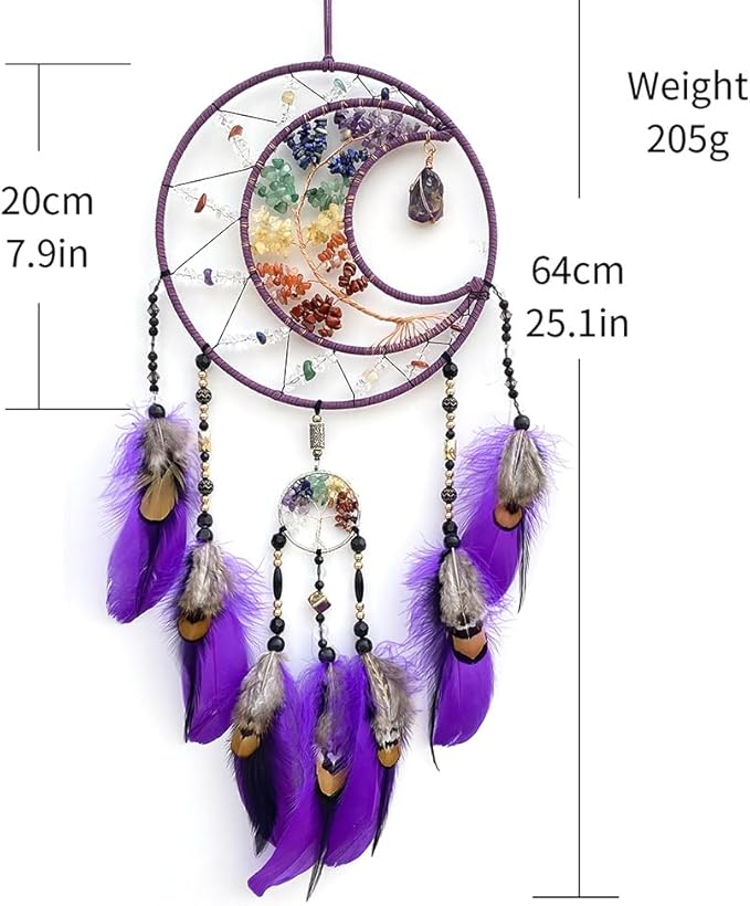 7 Chakras Dream Catchers Moon Tree of Life Dream Catcher Violet Feather Dreamcatcher Wall Decor with Rainbow Healing Crystal Stone Wall Art Hanging for Bedroom Home Decor Bless Gift Wedding Party