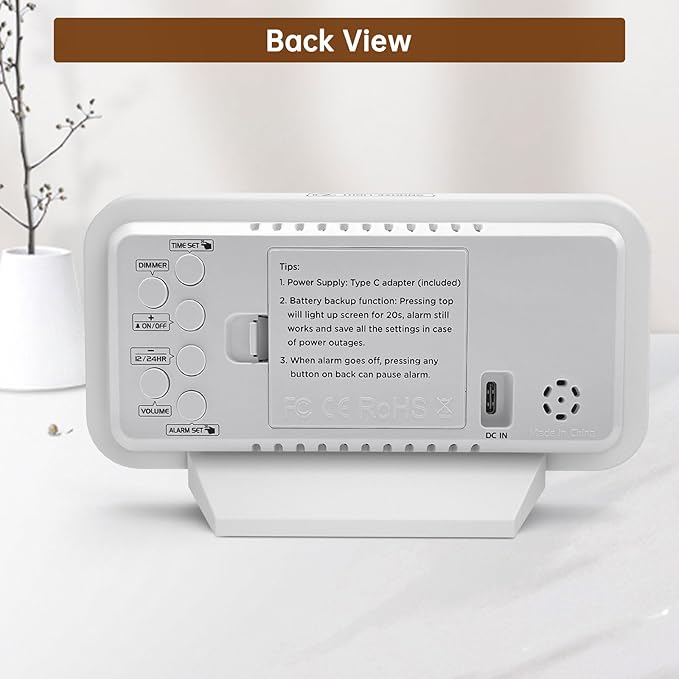 Peakeep Slim Digital Mirror Aesthetic Alarm Clock for Bedrooms Desk Decor, Plug in Electric Big LED Modern Small Clock for Office Living Room, Battery Backup, 6 Dimmers (White)
