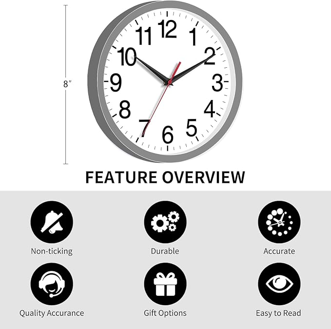 Wall Clock Modern 8 Inch Battery Operated Silent Non Ticking Small Analog Clock Decorative for Bedroom Kitchen Bathroom Office Home (Gray)