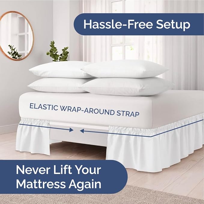 Wrap Around Dust Ruffle Bed Skirt - White - for Full Size Beds with 15 Inch Drop - Easy Fit Elastic Strap - Adjustable Pleated Bedskirt w/Brushed Fabric - Wrinkle Free - for Women, Men, Kids & Teens