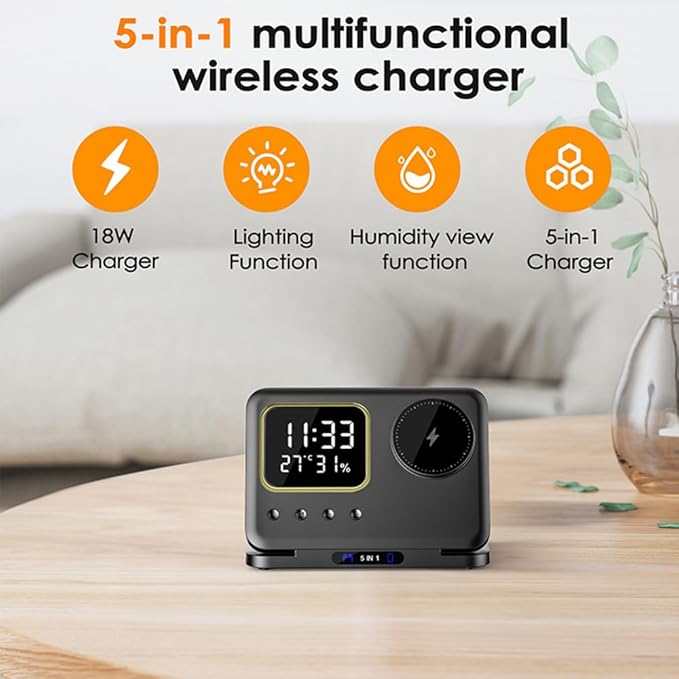 IHAO 5in1 Multi Functional Wireless Charger with Digital Clock 18W Fast Charge Night Light Temperature Display Magnetic Attraction Compliant for iPhone, Apple Watch and Qi Headphone-DH13 Black