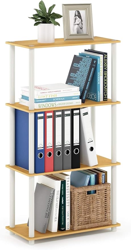 Furinno Turn-N-Tube 4-Tier Multipurpose Shelf Display Rack, Round Tubes, Blonde Maple/White