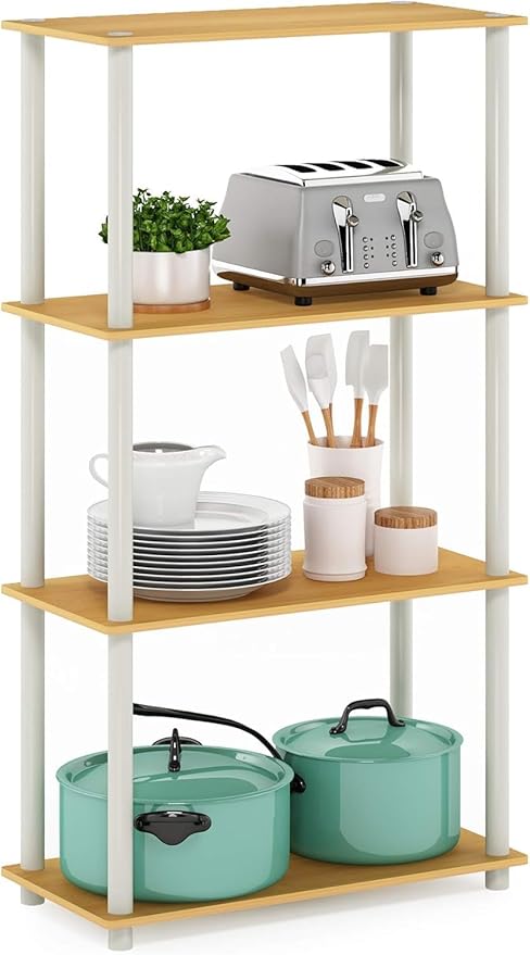 Furinno Turn-N-Tube 4-Tier Multipurpose Shelf Display Rack, Round Tubes, Blonde Maple/White