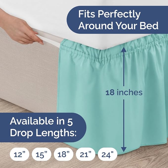 Wrap Around Dust Ruffle Bed Skirt - Spa Blue - for Full Size Beds with 18 Inch Drop - Easy Fit Elastic Strap - Adjustable Pleated Bedskirt w/Brushed Fabric Wrinkle Free - for Women, Men, Kids & Teens