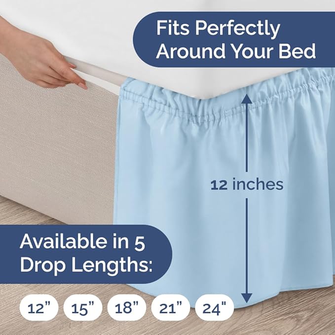 Wrap Around Dust Ruffle Bed Skirt - Light Blue - for Queen Size Beds with 12 Inch Drop - Elastic Strap - Adjustable Pleated Bedskirt with Brushed Fabric and Wrinkle Free - For Women, Men, Kids & Teens