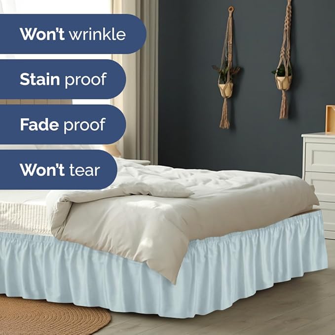 Wrap Around Dust Ruffle Bed Skirt - Ice Blue - Twin/Twin XL Size Beds w/ 12 Inch Drop - Easy Fit Elastic Strap - Adjustable Pleated Bedskirt w/Brushed Fabric - Wrinkle Free - Women, Men, Kids & Teens