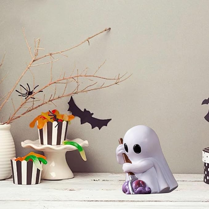 Halloween Ghost Figurine with Holding Fork, Funny Mini Resin Ghost Statue Halloween Decor for Bookshelf, Terrace, Bedroom,Porch and Tabletop