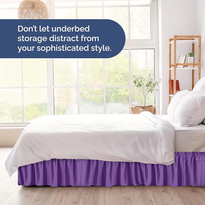 Wrap Around Dust Ruffle Bed Skirt - Purple - for Full Size Beds with 21 Inch Drop - Easy Fit Elastic Strap - Adjustable Pleated Bedskirt w/Brushed Fabric - Wrinkle Free - for Women, Men, Kids & Teens