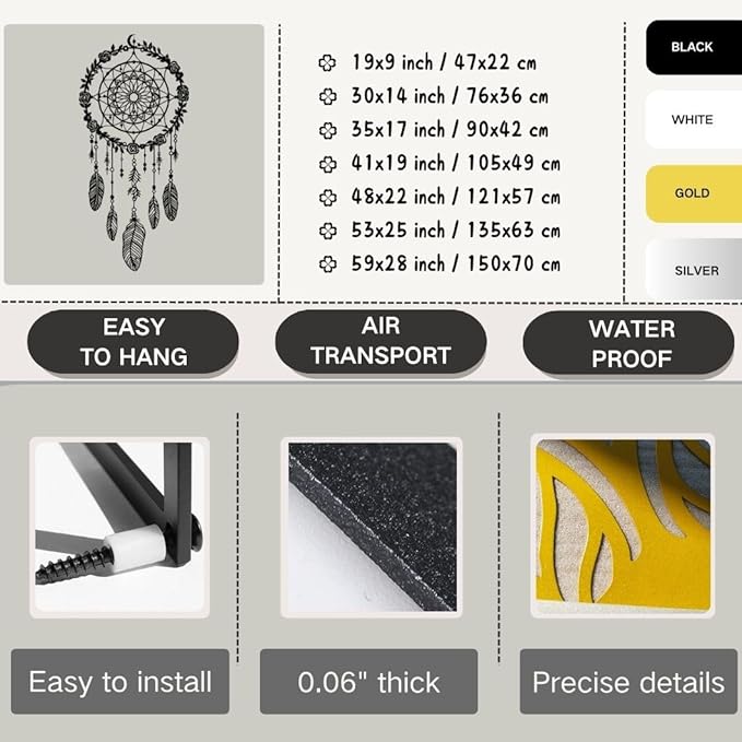 Maclou Metal Dream Catcher Wall Decor, Metal Feather Wall Art, Boho Dream Catcher Wall Decor for Living Room, Bedroom, Girls Room (Black,48x22 inch / 121x57 cm)