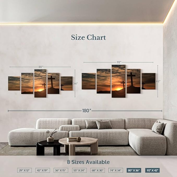 Elephant Stock Cross Silhouettes Wall Art Multi Piece Canvas - 5 Panel Christian Pictures Decor - Digital Design Canvas Print - Christian Wall Decor - 92" X 42"