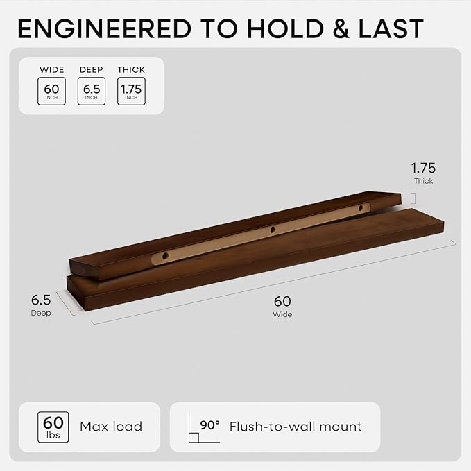 Homeforia Walnut 60 inch Floating Shelf, High End Solid Real Wood 60inch Long Floating Shelf for Wall, Dark Brown Wooden 60in Large Floating Shelves, Heavy Duty Bracket, 60 X 6.5 X 1.75 inch, Set of 2