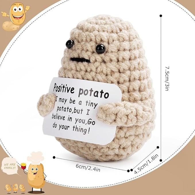 WASTIME Funny Knitted Wool Doll Toy with Positive Card - Creative Cute Mini Crochet Positive Potato Dolls Cheer Up Gift for Family Kids Friends Encouragement Decoration (Potato & Pineapple)