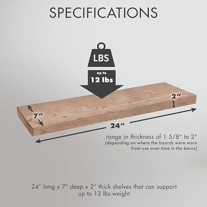 Urban Legacy Reclaimed Barnwood Planks | Floating Shelves for Wall w/Flush Mount Shelf Bracket Set Included | Set of 2 (Natural, 24"x7"x2")