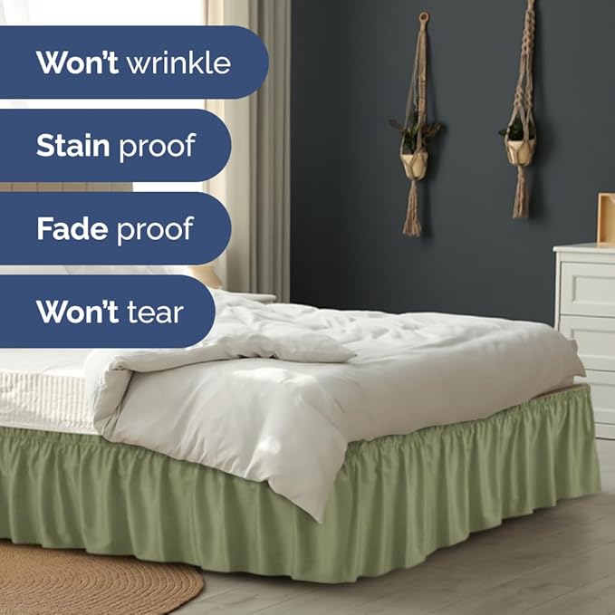 Wrap Around Dust Ruffle Bed Skirt - Sage Green - for Full Size Beds with 12 Inch Drop - Elastic Strap - Adjustable Pleated Bedskirt with Brushed Fabric and Wrinkle Free - for Women, Men, Kids & Teens