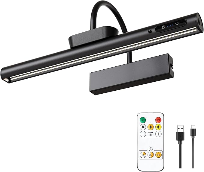 Dimmable Cordless Picture Light with Controller and Timer, Rechargeable Battery Wall Sconce for Wall Pictures, Gallery Artwork, Paintings, Portraits, Dartboards (Black)