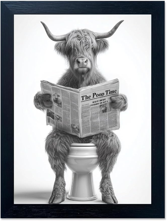 Funny Highland Cow Bathroom Wall Art - Framed Black and White Bathroom Wall Decor, Humorous Cow Picture Wall Decor with Cute Animal Canvas, Modern Farmhouse Style Restroom Sign Art for Toilet & Washroom 12"x16"