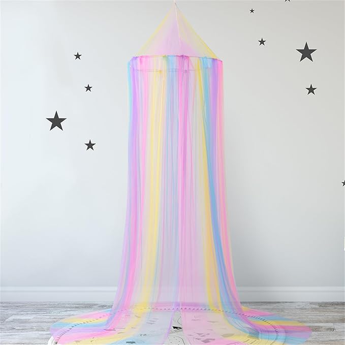 Comtelek Mosquito Net Bed Canopy for Girls,Rainbow Canopy Bed Curtains Full Queen Size from Ceiling,Dome Mosquito Netting Bed Tent Twin Girls Princess Canopy King Bed Decor