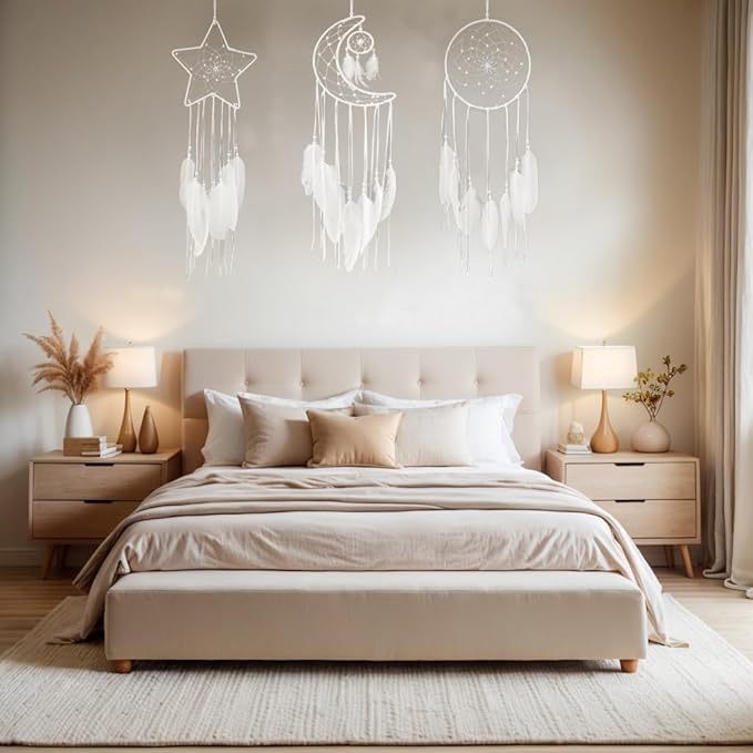 3PCS/LOT Star Moon Sun Shape Dream Catcher Home Decoration, and Baby Kids Room Accessory - Dream Catcher with Feather Decoration - Unique Home Craft Wall Pendant (White)