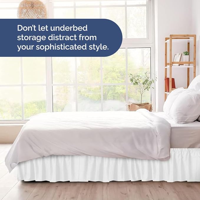 Wrap Around Dust Ruffle Bed Skirt - White - for Full Size Beds with 21 Inch Drop - Easy Fit Elastic Strap - Adjustable Pleated Bedskirt w/Brushed Fabric - Wrinkle Free - for Women, Men, Kids & Teens