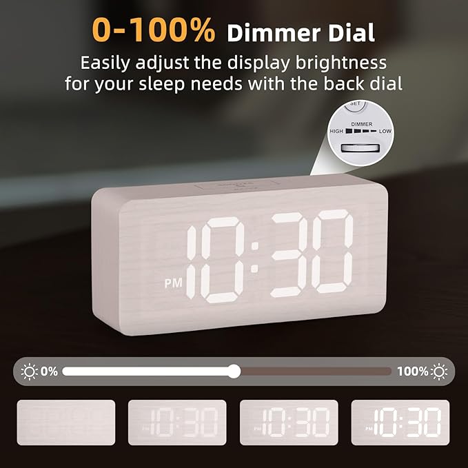 uscce Wooden Digital Alarm Clocks for Bedrooms: Dimmable Dual Alarm Clock with Large Numbers for Bedside Desk - Loud Alarm for Heavy Sleepers with Volume Control - Wood Decor & Gifts