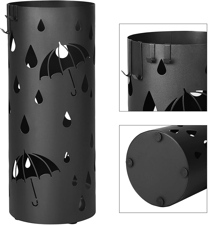 SONGMICS Umbrella Stand, Metal Umbrella Holder for Entryway, with Water Tray and 4 Hooks, 7.7 x 7.7 x 19.3 Inches, Round, Ink Black ULUC23B