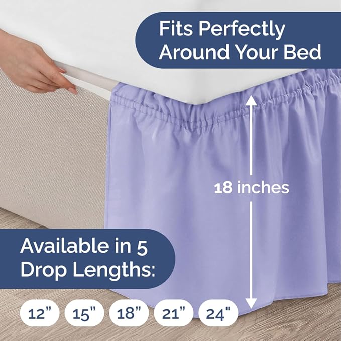 Wrap Around Dust Ruffle Bed Skirt - Lavender - Twin/Twin XL Size Beds with 18 Inch Drop - Easy Fit Elastic Strap - Adjustable Pleated Bedskirt w/Brushed Fabric Wrinkle Free - Women, Men, Kids & Teens