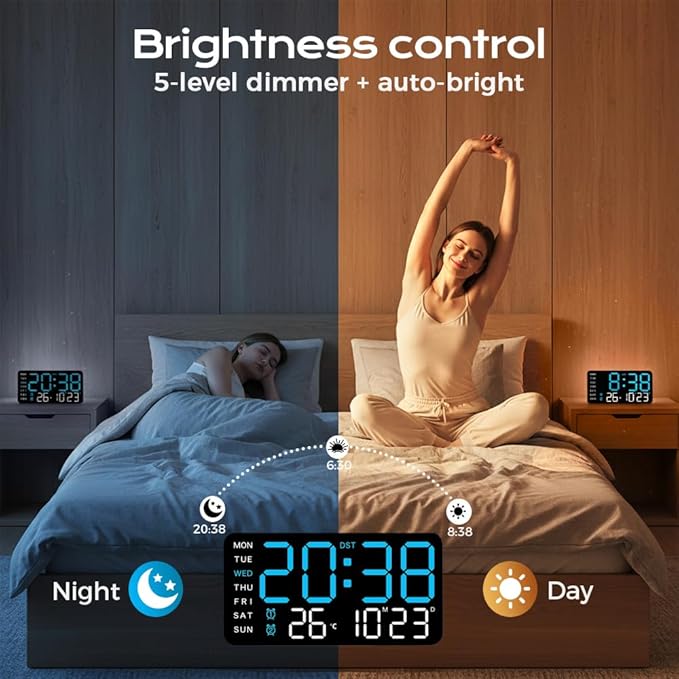 Multifunctional Decorative Led Digital Wall Clock,Large Digital Clock Shows Time,Date,Temperature,Auto Brightness Adjustment,Dual Alarms,Electronic Clock for Livingroom (Green lamp with black shell)