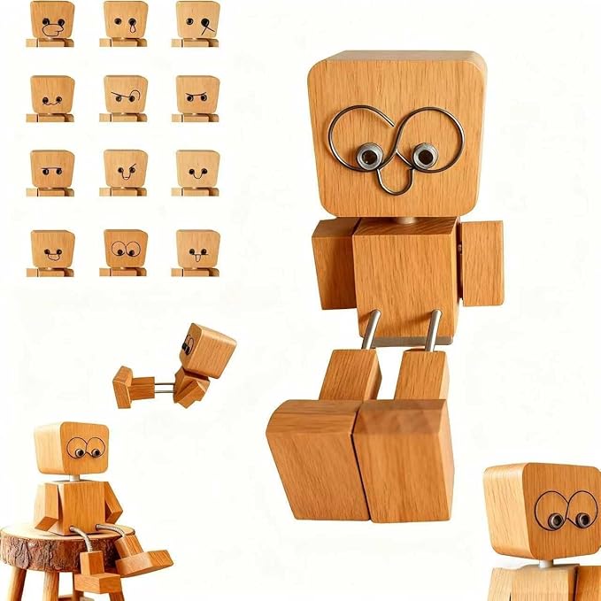 Shaking Wooden Man Figurine - Battery-Free Physics-Driven Rocking Decor with 12 Magnetic Expressions, Handcrafted Natural Wood for Car Dashboard, Office Desk, Home Shelf (Beech)