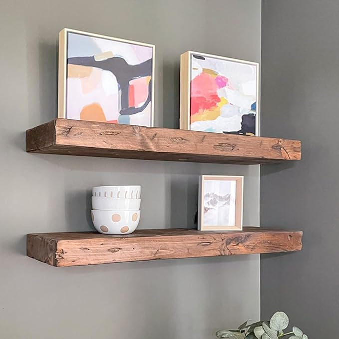 Urbandi Rustic Distressed Floating Shelves, Set of 2, Handmade Out of Pine Wood, 3 Inch Thick, Made in USA (Provincial, 24Lx3Hx6D)