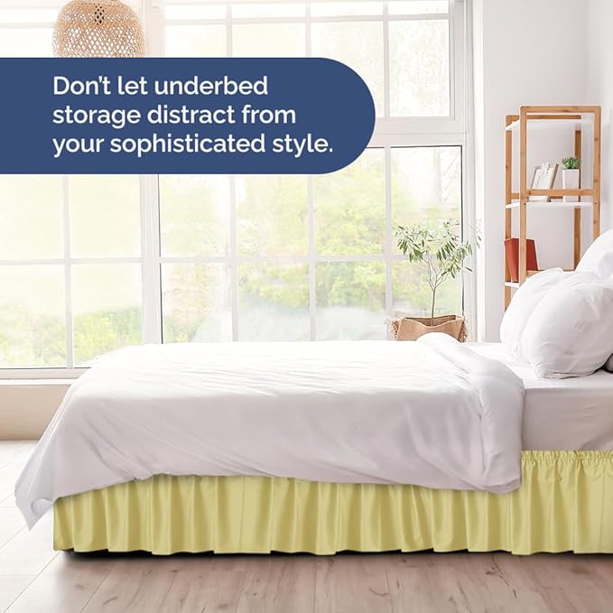 Wrap Around Dust Ruffle Bed Skirt - Yellow - for King Size Beds with 21 Inch Drop - Easy Fit Elastic Strap - Adjustable Pleated Bedskirt w/Brushed Fabric - Wrinkle Free - for Women, Men, Kids & Teens