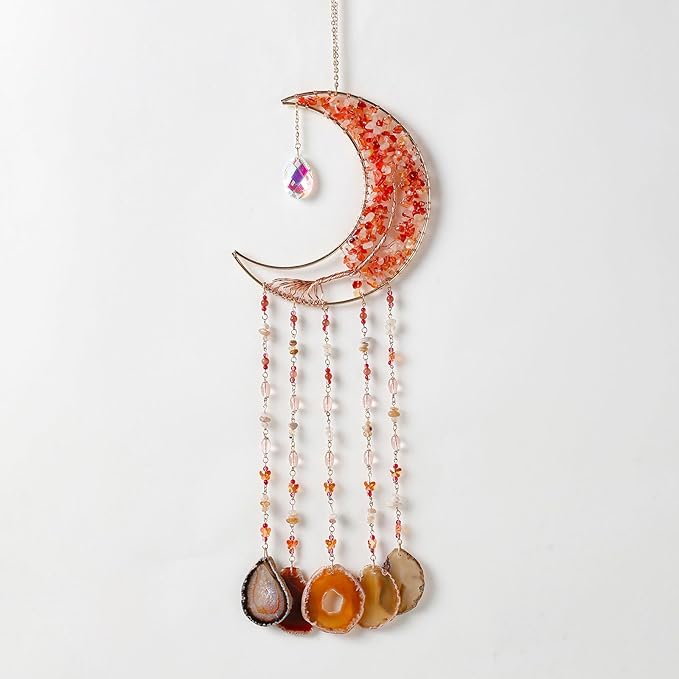 Agate Gemstone Dream Catcher 7 Chakra Tree of Life Dream Catcher with Rainbow Crystal Stones Handmade Dreamcatcher Wall Decor for Adults Boys Girls,Bedroom,Wedding,Garden,Bless Gift(Orange Moon)