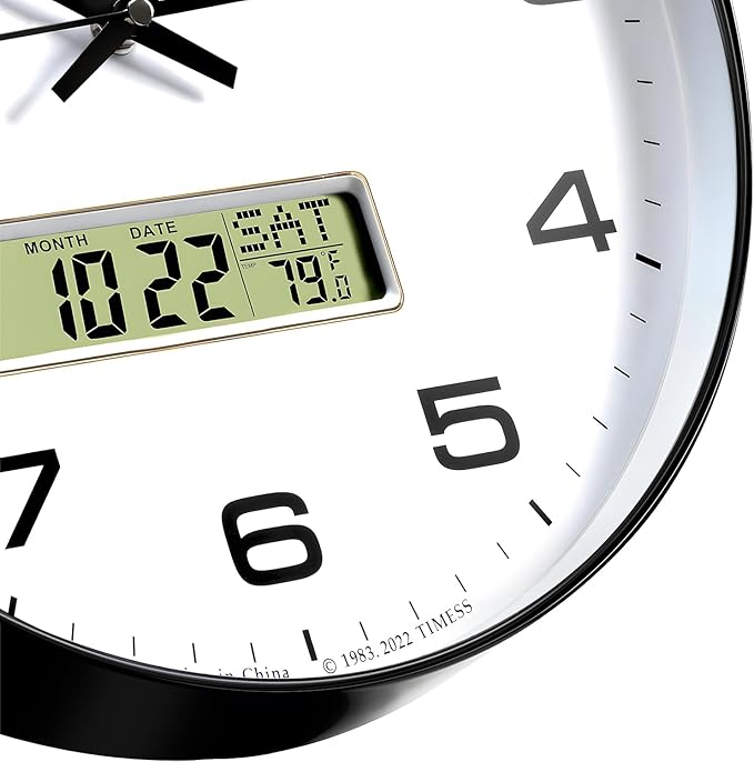 Wall Clock, 10" Dial Non-Ticking Silent Battery Operated Analog with LCD Display for Perpetual Calendar and F° Temperature, Ideal Modern Home, Bedroom, Kitchen, Office Decor (Black)