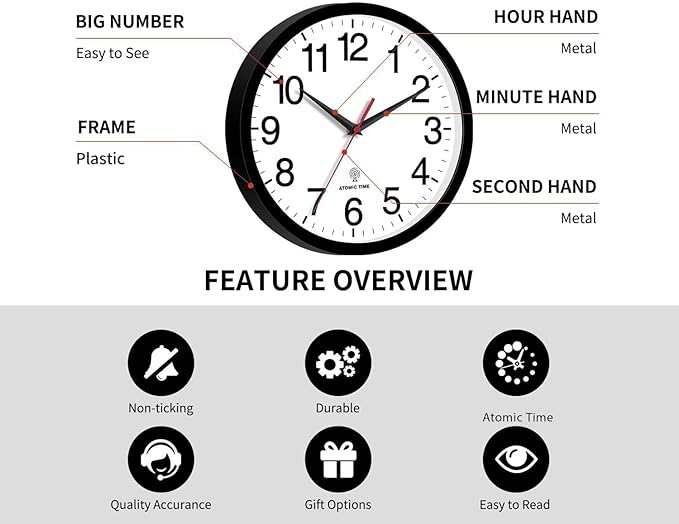 Atomic Wall Clock, Modern 10 Inch Battery Operated Wall Clocks, Analog Clock for Living Room, Office, Home, Bedroom, Kitchen, Bathroom(Black)