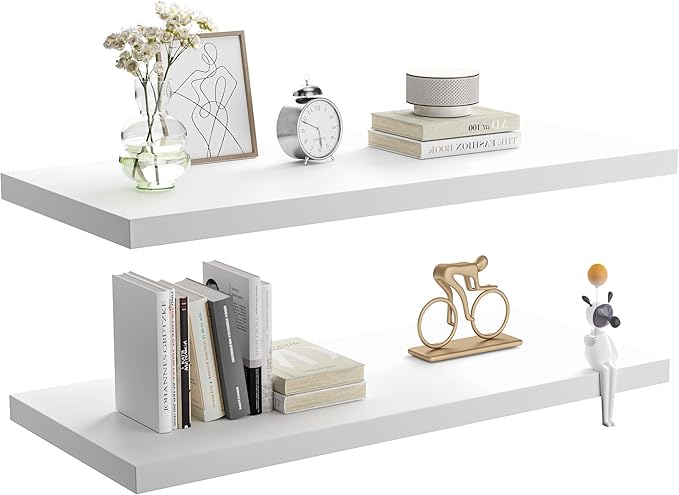 Wall Shelf Set of 2, White Floating Shelves 24 in W x 10 in D x 1 in H, Wooden Floating Wall Shelf with Invisible Brackets for Living Room/Bedroom/Bathroom/Kitchen Storage and Decor