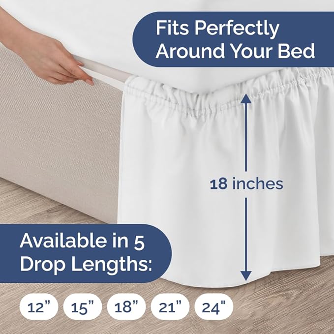 Wrap Around Dust Ruffle Bed Skirt - White - for King Size Beds with 18 Inch Drop - Easy Fit Elastic Strap - Adjustable Pleated Bedskirt w/Brushed Fabric - Wrinkle Free - for Women, Men, Kids & Teens