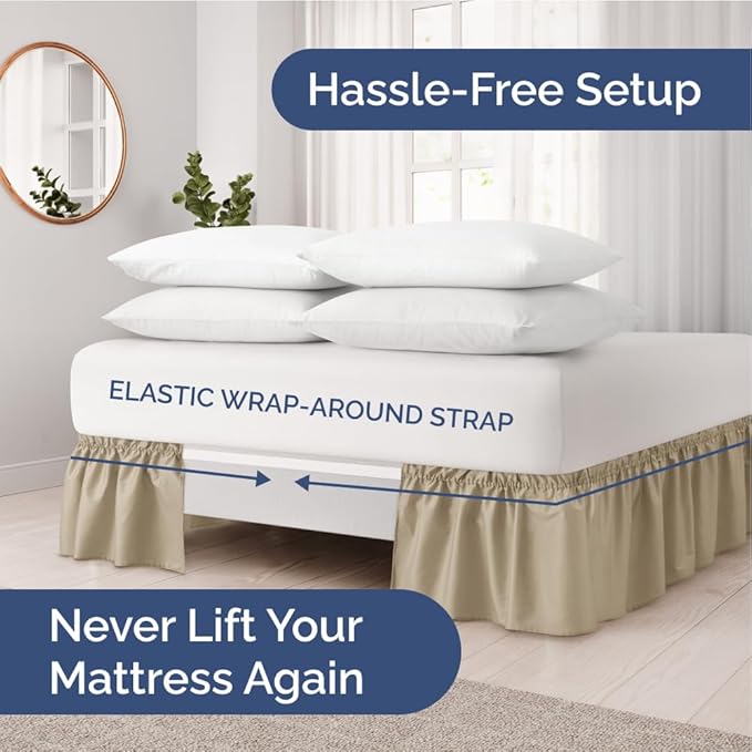 Wrap Around Dust Ruffle Bed Skirt - Beige - Twin/Twin XL Size Beds with 21 Inch Drop - Easy Fit Elastic Strap - Adjustable Pleated Bedskirt w/Brushed Fabric - Wrinkle Free - Women, Men, Kids & Teens