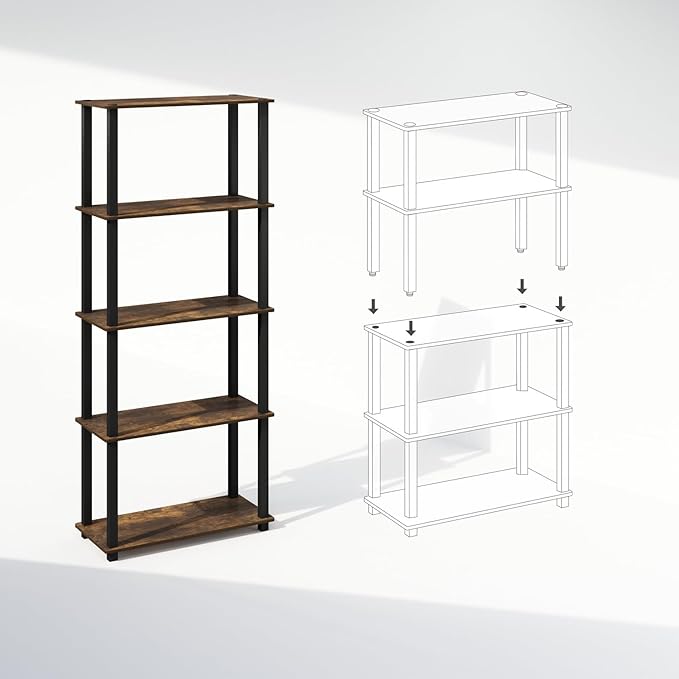 Furinno Turn-S-Tube Storage Shelves Set of 2, 3-Tier Book Shelf, Corner Shelf, Toolless Open Shelves, Square Tubes, for Organization and Storage, Living Room, Garage, Home Office, Amber Pine