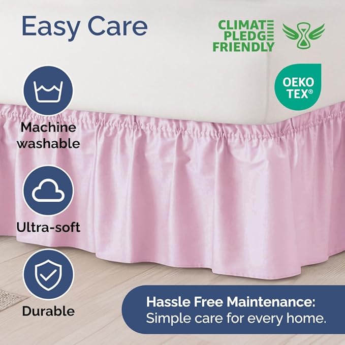 Wrap Around Dust Ruffle Bed Skirt - Light Pink - for Full Size Beds with 21 Inch Drop - Elastic Strap - Adjustable Pleated Bedskirt with Brushed Fabric and Wrinkle Free - for Women, Men, Kids & Teens
