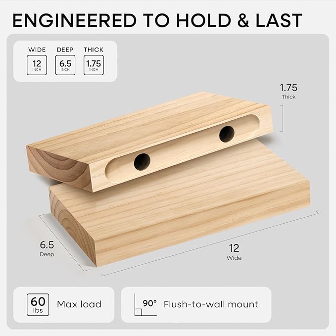 Homeforia 12 inch Natural Floating Shelf, High End Solid Real Wood 12inch Small Floating Shelves for Wall Mounted, Natural Wooden Floating Shelves, Heavy Duty Bracket, 12 X 6.5 X 1.75 in, Set of 2